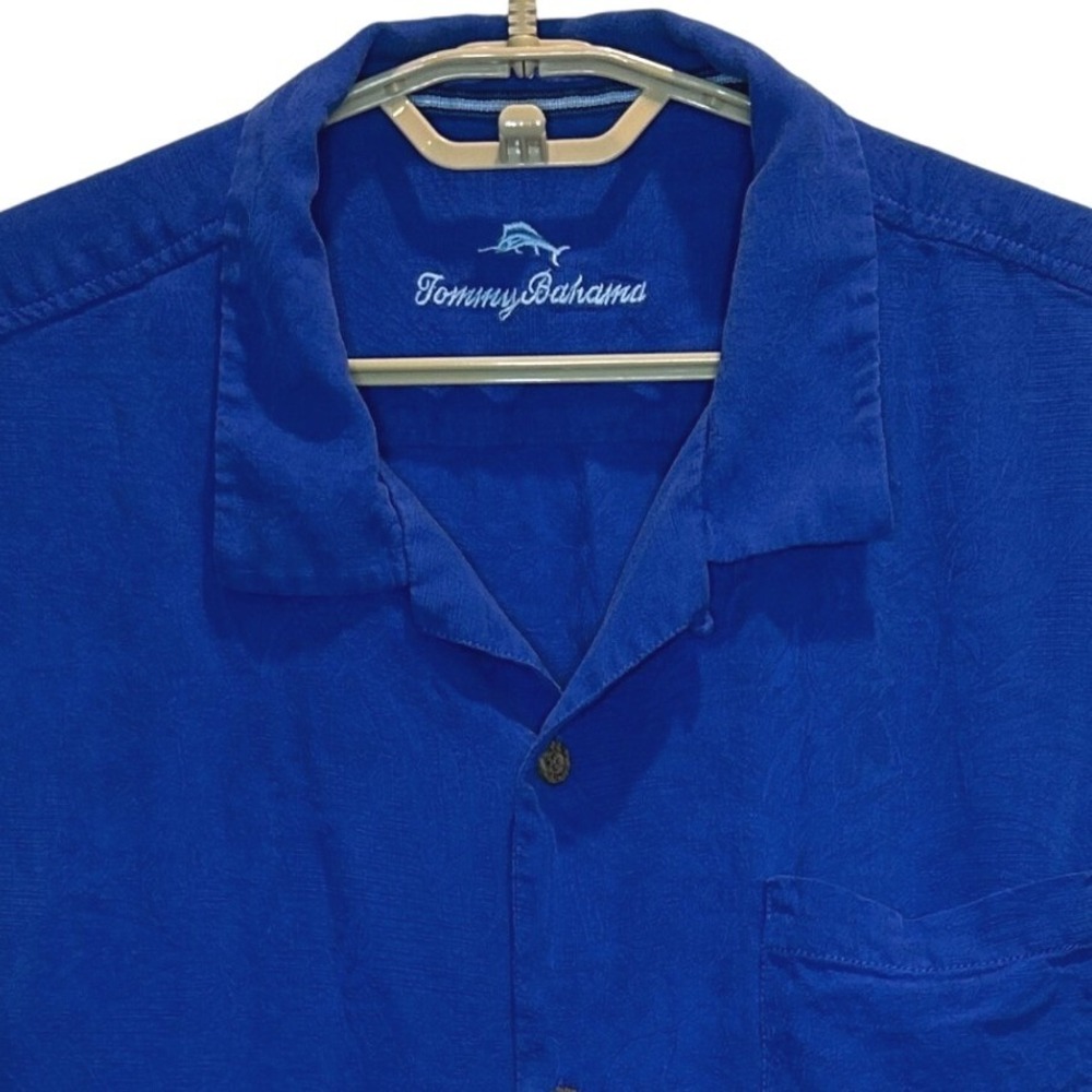 Tommy Bahama Silk Camp Shirt XL Mens Blue Short Sleeve Tropical Jacquard Button